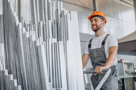 Ein Arbeiter mit orangefarbenem Helm transportiert Metallprofile in einem Lagerhaus.