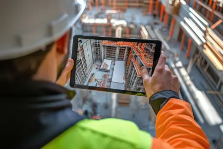 Ein Bauleiter in Schutzkleidung hält ein Tablet, auf dem eine Baustelle mit Gerüsten und Baumaterialien aus der Vogelperspektive zu sehen ist. Das Bild auf dem Tablet zeigt die gleiche Baustelle aus einer detaillierten Ansicht.