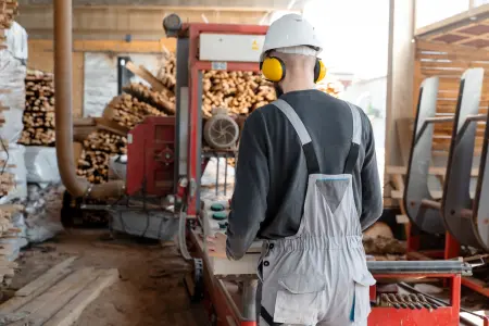 Ein Mann mit Schutzhelm und Gehörschutz arbeitet an einer Maschine in einem Holzlager. Im Hintergrund sind gestapelte Holzstämme und Maschinen zu sehen.