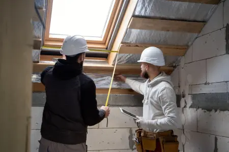 Zwei Bauarbeiter mit Schutzhelmen messen die Abmessungen eines Dachgeschosses, um moderne Baumaterialien zu installieren.