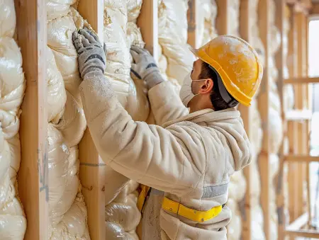 Ein Bauarbeiter installiert Isolierung in einem Holzrahmenbau, energieeffizientes Baumaterial der Zukunft.