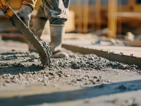 Ein Bauarbeiter verarbeitet frischen Beton auf einer Baustelle, moderner Baustoff für zukünftige Bauprojekte.